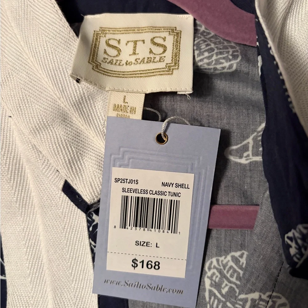 Sail to Sable Seashell Print Signature Mini Caftan Cotton Dress Mini Navy L NWT - Picture 12 of 13